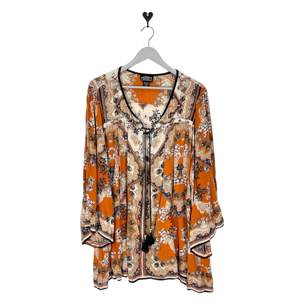 Angie Womens Plus Size 3X Orange Paisley Floral Boho Tassel Peasant Top Blouse